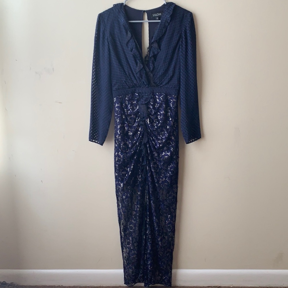 Saloni navy lace ruffled low-cut dress